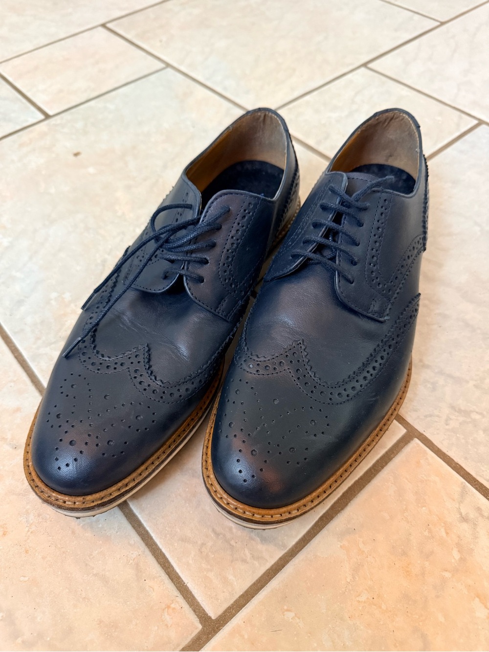 ZARA MAN Men’s Leather Wingtip Brogue Derby Shoes Navy Blue EU 43 US 10 Portugal